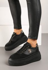Czarne Sneakersy Vices na Grubej Podeszwie z Metaliczną Ozdobą i Sznurowaniem Niliri. Czarne obuwie sportowe damskie Born2be, z jeansu, bez zapięcia. Za 119.99 zł.
