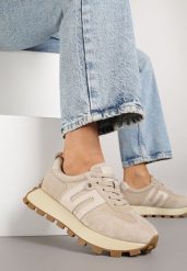 Beżowe Sneakersy ze Skóry Naturalnej Ozdobione Geometrycznym Wzorem Melassea. Brązowe obuwie sportowe damskie Renee, ze skóry, bez zapięcia. Za 239.99 zł.