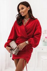 Czerwona Efektowna Sukienka z Marszczeniami. Czerwone sukienki damskie Ivon, bez wzorów, z bawełny, wizytowe, bez ramiączek. Za 249.90 zł.