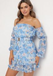 Jasnoniebieska Wiskozowa Sukienka Hiszpanka z Falbanami i Paskiem w Kwiaty Virmoi. Niebieskie sukienki damskie Born2be, bez wzorów, z wiskozy, bez ramiączek. Za 139.99 zł.