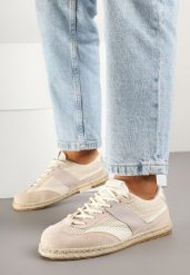 Beżowe Sneakersy w Stylu Klasycznych Tenisówek z Ozdobnymi Przeszyciami Emloti. Brązowe obuwie sportowe damskie Born2be, bez zapięcia, tenisowe. Za 84.99 zł.