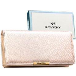 Duży, beżowy portfel damski ze skóry ekologicznej wyposażony w system RFID - Rovicky. Brązowe portfele damskie ROVICKY, bez wzorów, ze skóry ekologicznej. Za 79.99 zł.