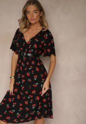 Czarna Rozkloszowana Sukienka z Bawełny Zdobiona Printem w Wisienki Folenea. Czarne sukienki damskie Renee, z aplikacjami, z bawełny, klasyczne, bez ramiączek. W wyprzedaży za 55.99 zł.