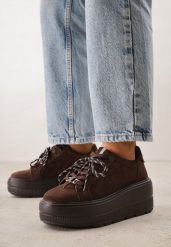 Brązowe Zamszowe Sneakersy na Grubej Podeszwie ze Sznurówkami w Paski Vetida. Brązowe obuwie sportowe damskie Born2be, z zamszu, bez zapięcia. Za 179.99 zł.