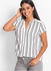 Bluzka z krótkim rękawem. Czarne bluzki damskie bonprix, bez wzorów, eleganckie, bez kołnierzyka, bez ramiączek. Za 89.99 zł.
