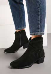 Czarne Botki Kowbojki na Słupku z Ozdobnymi Przeszyciami Mazilina. Czarne botki damskie Renee, z jeansu, eleganckie, bez obcasa, na obcasie, bez zapięcia. Za 129.99 zł.