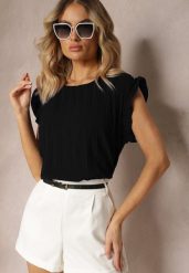 Czarny Plisowany Top Koszulka z Krótkim Rękawem Meavina. Czarne bluzki damskie Renee, l, bez wzorów, bez kołnierzyka, bez ramiączek. Za 39.99 zł.