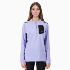 Damska koszulka do biegania z długim rękawem i półzamkiem FOCUS. Fioletowe koszulki damskie BODYCROSS, bez wzorów, z materiału, bez kołnierzyka, bez ramiączek. Za 442.99 zł.