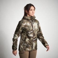 Kurtka myśliwska damska Solognac 500 camo wodoodporna. Brązowe kurtki damskie SOLOGNAC, l, bez wzorów, z materiału, bez kaptura. Za 349.99 zł.