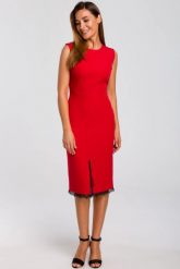 Elegancka sukienka ołówkowa midi rozcięcie na dole i koronka czerwona. Czerwone sukienki damskie Sukienki.shop, bez wzorów, z elastanu, biznesowe, bez ramiączek. Za 249.00 zł.