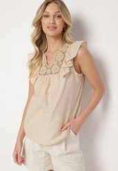 Beżowa Bawełniana Bluzka z Lnem Ozdobiona Haftem i Falbankami Ziomina. Brązowe bluzki damskie Born2be, l, bez wzorów, z bawełny, eleganckie, bez kołnierzyka, bez ramiączek. Za 59.99 zł.