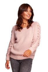 Sweter z Grubym Warkoczem na Rękawach - Różowy. Czerwone swetry klasyczne damskie MOE, l, z materiału, bez kołnierzyka. Za 204.58 zł.