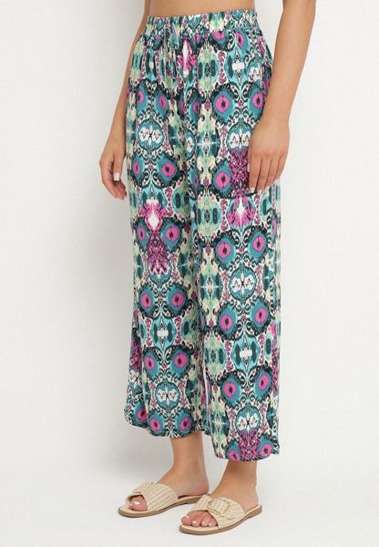 Zielono-Różowe Spodnie Szerokie z Bawełny w Etno Print Tolivenna. Zielone spodnie materiałowe damskie Born2be, bez wzorów, z bawełny. Za 29.99 zł.
