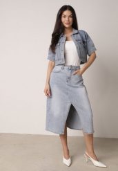 Niebieska Jeansowa Spódnica z Bawełną Wysokim Stanem i Rozcięciem z Przodu Cannate. Niebieskie spódnice damskie Born2be, na co dzień, l, bez wzorów, z bawełny, midi. Za 99.99 zł.