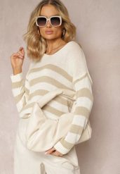 Jasnobeżowy Sweter w Szerokie Paski z Dekoltem w Serek Liminela. Brązowe swetry klasyczne damskie Renee, z materiału, bez kołnierzyka. Za 59.99 zł.