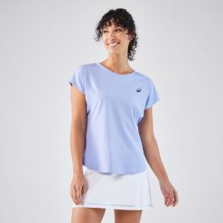 Koszulka tenisowa z okrągłym dekoltem damska Artengo Dry. Niebieskie bluzki damskie ARTENGO, xl, bez wzorów, z elastanu, bez kołnierzyka, bez ramiączek. Za 59.99 zł.