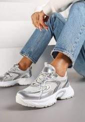 Srebrne Sneakersy z Geometrycznym Zdobieniem Leanielis. Szare obuwie sportowe damskie Born2be, z jeansu, bez zapięcia. Za 89.99 zł.
