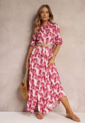 Fuksjowa Koszulowa Sukienka Maxi z Guzikami i Podpinanymi Rękawami Jaye. Czerwone sukienki damskie Renee, bez wzorów, boho, bez ramiączek. W wyprzedaży za 107.99 zł.