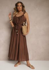 Brązowa Wiskozowa Sukienka Boho na Wiązanych Ramiączkach z Paskiem z Plecionki Miratera. Brązowe sukienki damskie Renee, bez wzorów, z materiału, boho, bez ramiączek. W wyprzedaży za 119.99 zł.