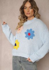 Jasnoniebieski Sweter z Wiskozą i Kwiatowym Motywem Labrienna. Niebieskie swetry klasyczne damskie Renee, l, z wiskozy, bez kołnierzyka. Za 99.99 zł.