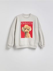 Bluza z nadrukiem - jasnoszary. Szare bluzy damskie Reserved, l, bez wzorów, z bawełny, bez kaptura. W wyprzedaży za 59.99 zł.
