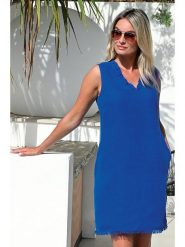 Bleu d'Azur Lniana sukienka "Vanna" w kolorze niebieskim rozmiar: 44. Niebieskie sukienki damskie Bleu d'Azur, w ażurowe wzory, ze lnu, klasyczne, bez ramiączek. Za 185.32 zł.