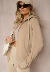 Ciemnobeżowa Tłoczona Bluza z Dodatkiem Bawełny i Kapturem Zapinana na Suwak Arfoya. Brązowe bluzy damskie Renee, s, bez wzorów, z bawełny. Za 79.99 zł.
