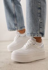 Biało-Srebrne Sneakersy VICES na Grubej Podeszwie z Przeszyciami i Tłoczeniem Berolle. Białe obuwie sportowe damskie Born2be, z dresówki, bez zapięcia. Za 89.99 zł.