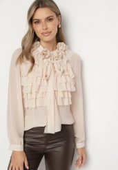 Beżowa Koszula z Prześwitującego Materiału z Falbankami i Kwiatowymi Detalami Raitra. Brązowe koszule damskie Born2be, m, z aplikacjami, z jeansu, eleganckie, bez kołnierzyka, bez ramiączek. Za 159.99 zł.