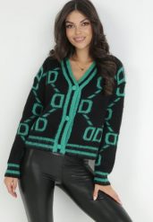 Czarno-Zielony Kardigan Cathel. Czarne kardigany damskie Born2be, m, bez wzorów, z dzianiny. Za 129.99 zł.