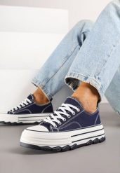 Granatowe Trampki na Grubej Podeszwie pod Kostkę Adsoria. Niebieskie trampki damskie Born2be, bez wzorów, z jeansu, bez zapięcia. Za 64.99 zł.