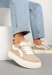 Ciemnobeżowe Sneakersy na Platformie z Geometrycznym Wzorem Kornelna. Brązowe obuwie sportowe damskie Renee, z jeansu, bez zapięcia. Za 74.99 zł.