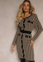 Czarno-Beżowa Sweterkowa Sukienka z Wiskozą w Pipetkę w Eleganckim Stylu Delassea. Czarne sukienki damskie Renee, bez wzorów, z dzianiny, eleganckie, bez ramiączek. W wyprzedaży za 95.99 zł.