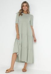 Miętowa Sukienka Bawełniana Ulrika. Zielone sukienki damskie Born2be, bez wzorów, z bawełny, klasyczne, bez ramiączek. Za 179.99 zł.