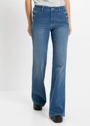 Dżinsy Bootcut, mid waist, bawełna organiczna. Niebieskie jeansy damskie bonprix. Za 159.99 zł.