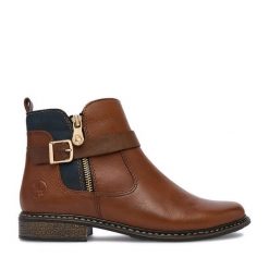 Botki Rieker. Brązowe botki damskie Rieker, bez obcasa, na płaskiej podeszwie, bez zapięcia. Za 429.99 zł.
