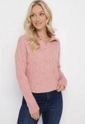 Różowy Klasyczny Sweter w Ozdobny Splot Mulls. Czerwone swetry klasyczne damskie Born2be, z dzianiny, bez kołnierzyka. Za 109.99 zł.
