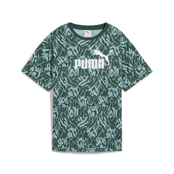Damska luźna koszulka ESS GRAPHIC PUMA Green Moon. Zielone koszulki sportowe damskie Puma, m, bez wzorów, z gumy, bez ramiączek. Za 96.99 zł.