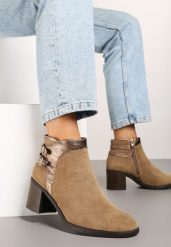 Ciemnobeżowe Botki na Słupku z Ozdobnymi Klamrami i Paskami Deolena. Brązowe botki damskie Renee, z jeansu, eleganckie, bez obcasa, na obcasie, bez zapięcia. Za 139.99 zł.