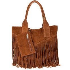 Shopperka boho skórzana VERA PELLE L83 koniakowa. Szare torebki klasyczne damskie z materiału, zamszowe, bez dodatków. Za 159.90 zł.