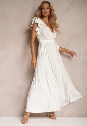 Biała Kopertowa Sukienka z Gumką w Pasie i Materiałowym Paskiem Ozdobiona Falbankami Tiamatalia. Białe sukienki damskie Renee, bez wzorów, z materiału, eleganckie, bez ramiączek. W wyprzedaży za 119.99 zł.