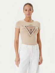 Guess T-Shirt W5YI13 J1314 Beżowy Regular Fit. Brązowe t-shirty damskie Guess, m, z aplikacjami, z bawełny, bez kołnierzyka. Za 88.00 zł.