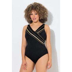 Damskie Strój kąpielowy złota lamówka w kopertowym stylu miękkie miseczki. Czarne stroje jednoczęściowe Ulla Popken, bez wzorów, z elastanu. Za 239.99 zł.