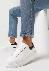 Biało-Czarne Sneakersy na Grubej Podeszwie z Metaliczną Wstawką Ranti. Białe obuwie sportowe damskie Born2be, bez zapięcia. Za 79.99 zł.