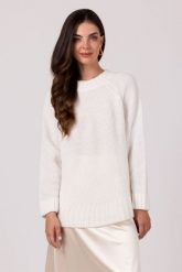 Sweter Oversize z Nietoperzowym Rękawem - Biały. Białe swetry klasyczne damskie MOE, uniwersalny, z materiału, bez kołnierzyka. Za 201.90 zł.