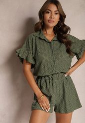 Ciemnozielony Komplet Krótkie Spodenki i Wiązana Koszula Fredefia. Zielone koszule damskie Renee, na lato, bez wzorów, eleganckie, bez kołnierzyka, bez ramiączek. Za 129.99 zł.
