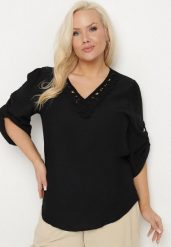 Czarna Bluzka z Bawełną i Ozdobnym Haftem Edirilita. Czarne bluzki damskie Born2be, xl, bez wzorów, z bawełny, bez kołnierzyka, bez ramiączek. Za 69.99 zł.