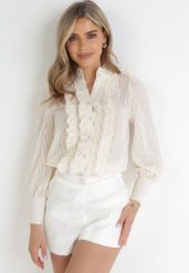 Beżowa Koszula z Ozdobną Stójką i Falbankami Nalania. Brązowe koszule damskie Born2be, m, bez wzorów, eleganckie, bez kołnierzyka, bez ramiączek. Za 99.99 zł.