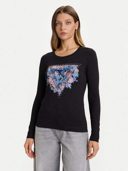 Guess Bluzka W5BI74 J1314 Czarny Slim Fit. Czarne bluzki damskie Guess, xl, z aplikacjami, z bawełny, bez kołnierzyka, bez ramiączek. Za 259.99 zł.