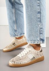 Złote Wężowe Sneakersy Retro w Stylu Klasycznych Tenisówek Tanonea. Żółte obuwie sportowe damskie Born2be, z jeansu, bez zapięcia, tenisowe. Za 79.99 zł.